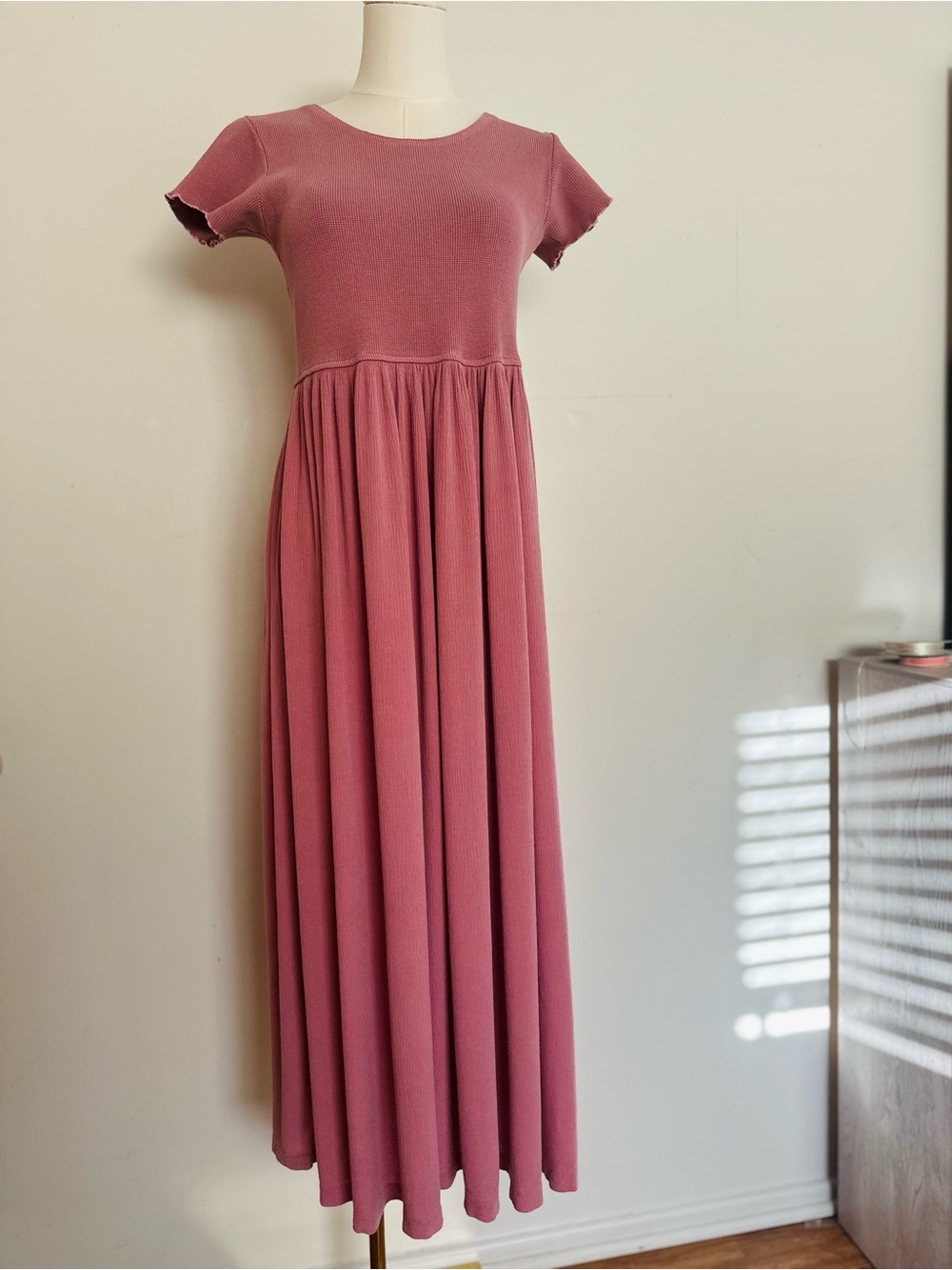 VTG 90s CHEROKEE Waffle Knit Babydoll Maxi Dress Cottagecore Pink Dusty Rose S